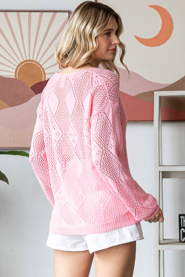 Diamond Pattern Open Knit Long Sleeve Pullover Sweater