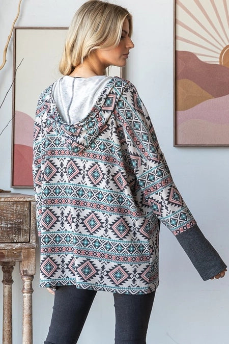 Allie Aztec Hooded Pullover w/ Buttons and Pockets