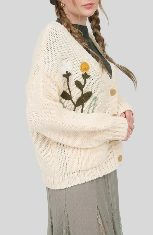 Floral Embroidery Button Down Knit Cardigan