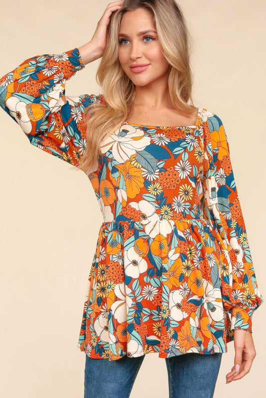 Rust Babydoll Peplum Vintage Floral Top