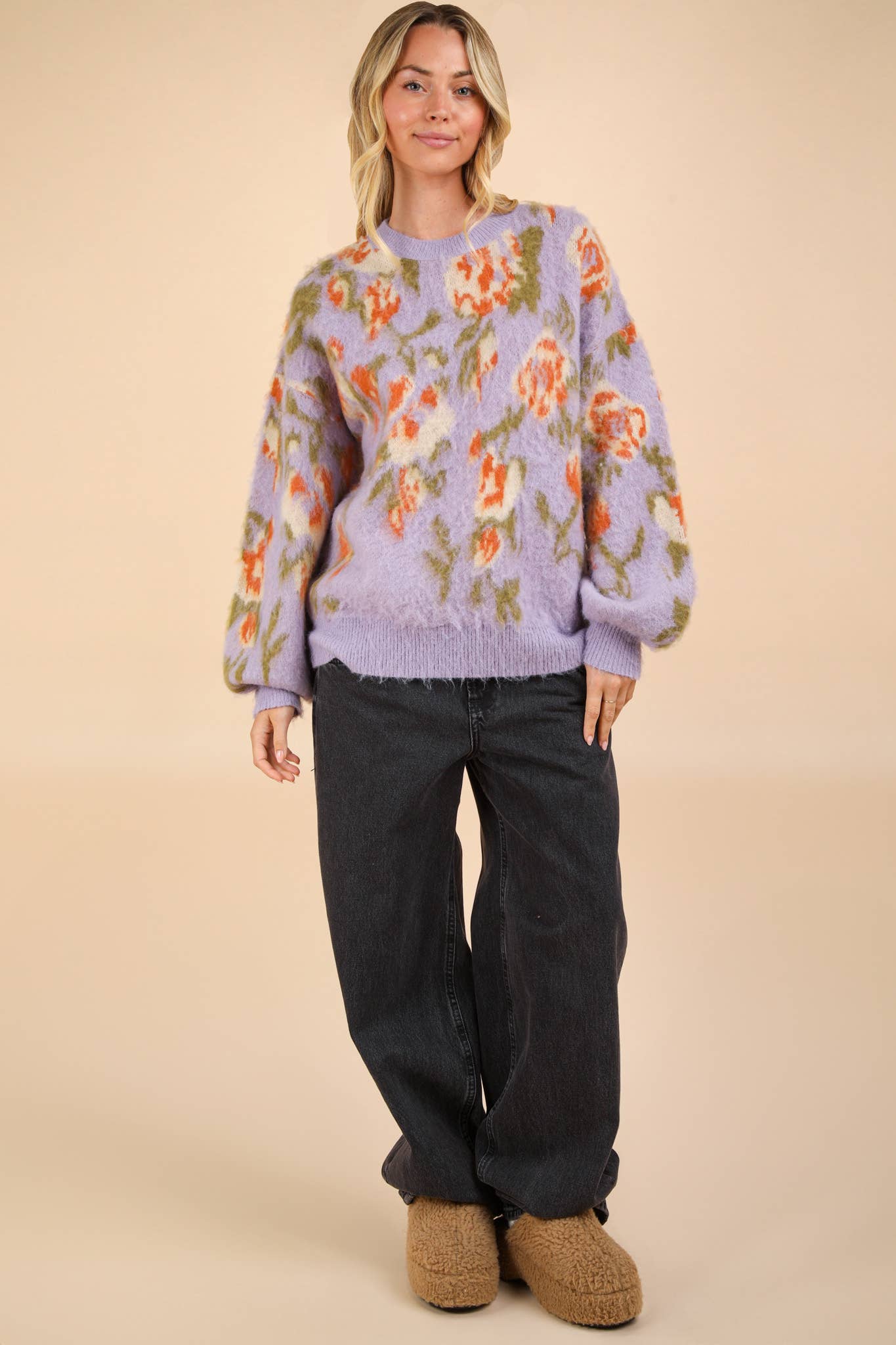 Soft Cozy Lilac Floral Print Knit Sweater Top