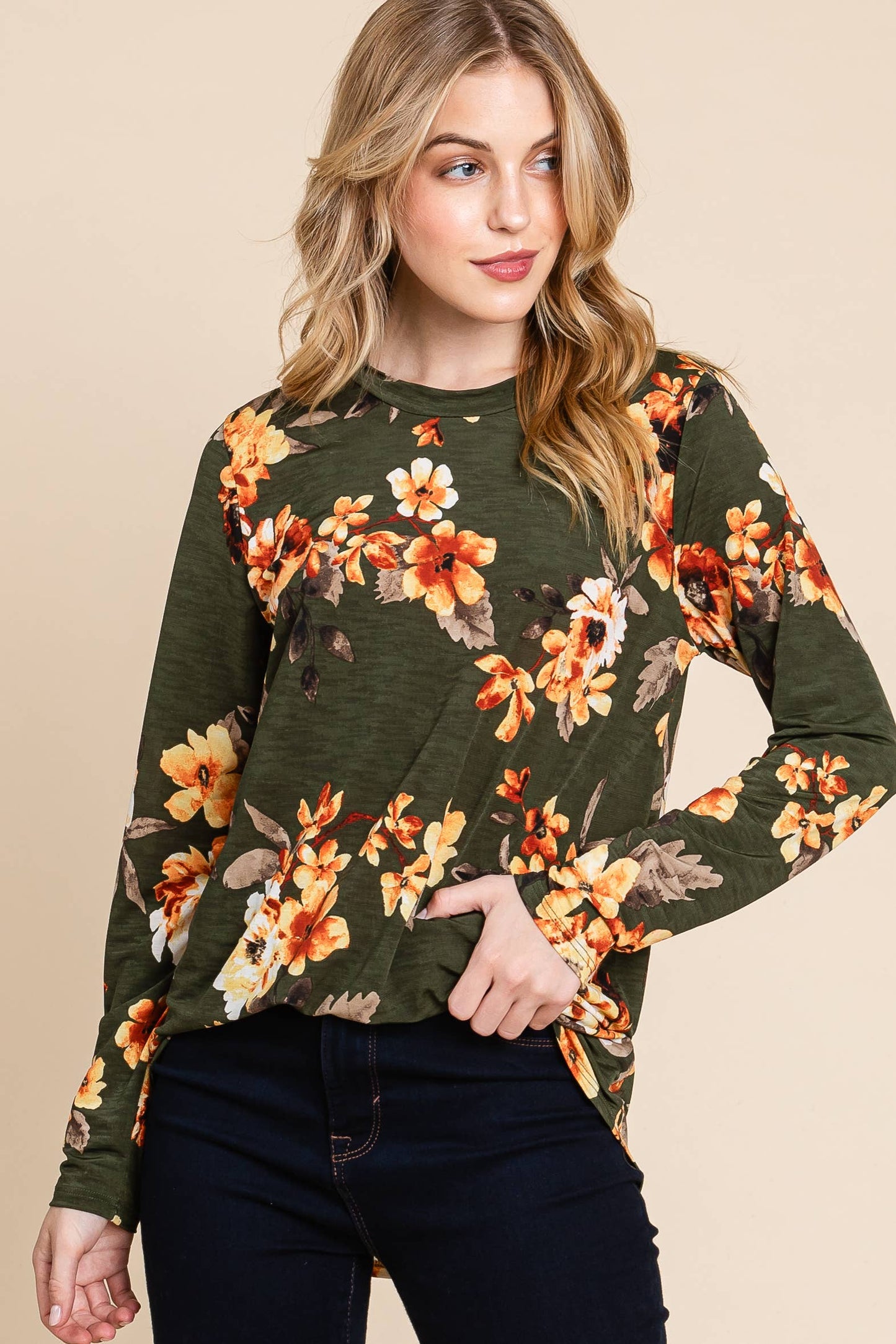 Olive Floral Long Sleeve Top