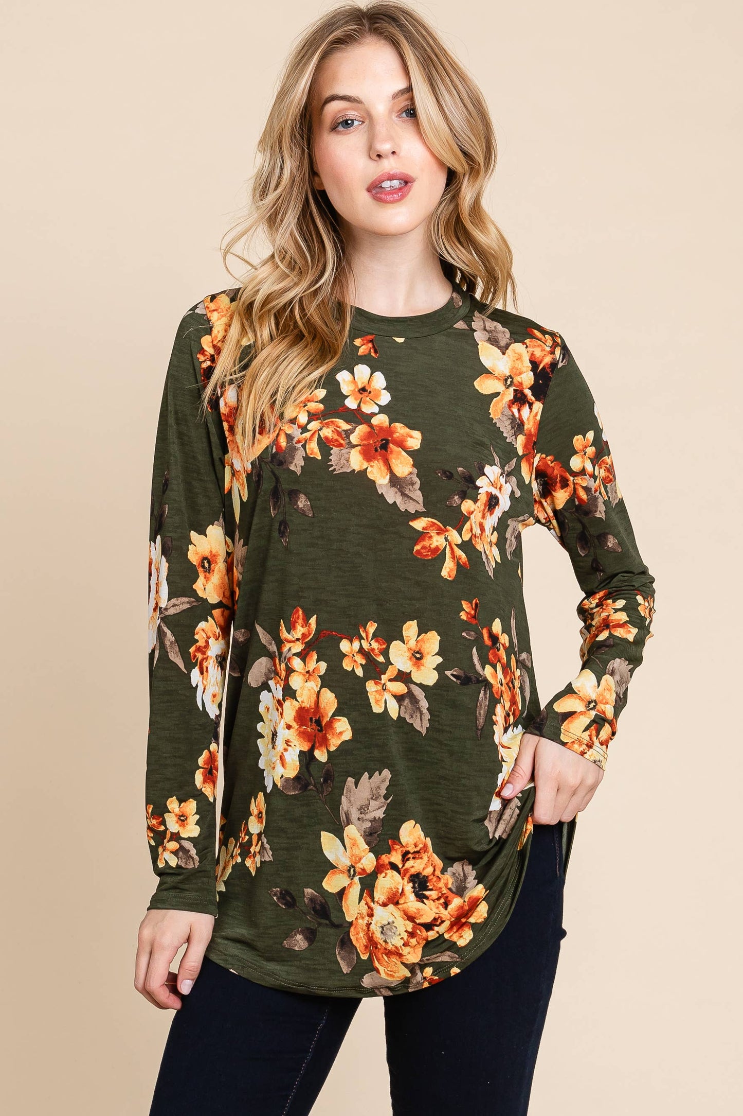 Olive Floral Long Sleeve Top