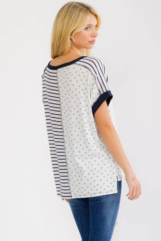 Mixed Print Contrast Henley Top