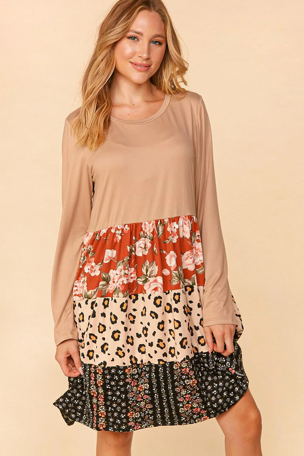 Floral & Leopard Tiered Midi Dress