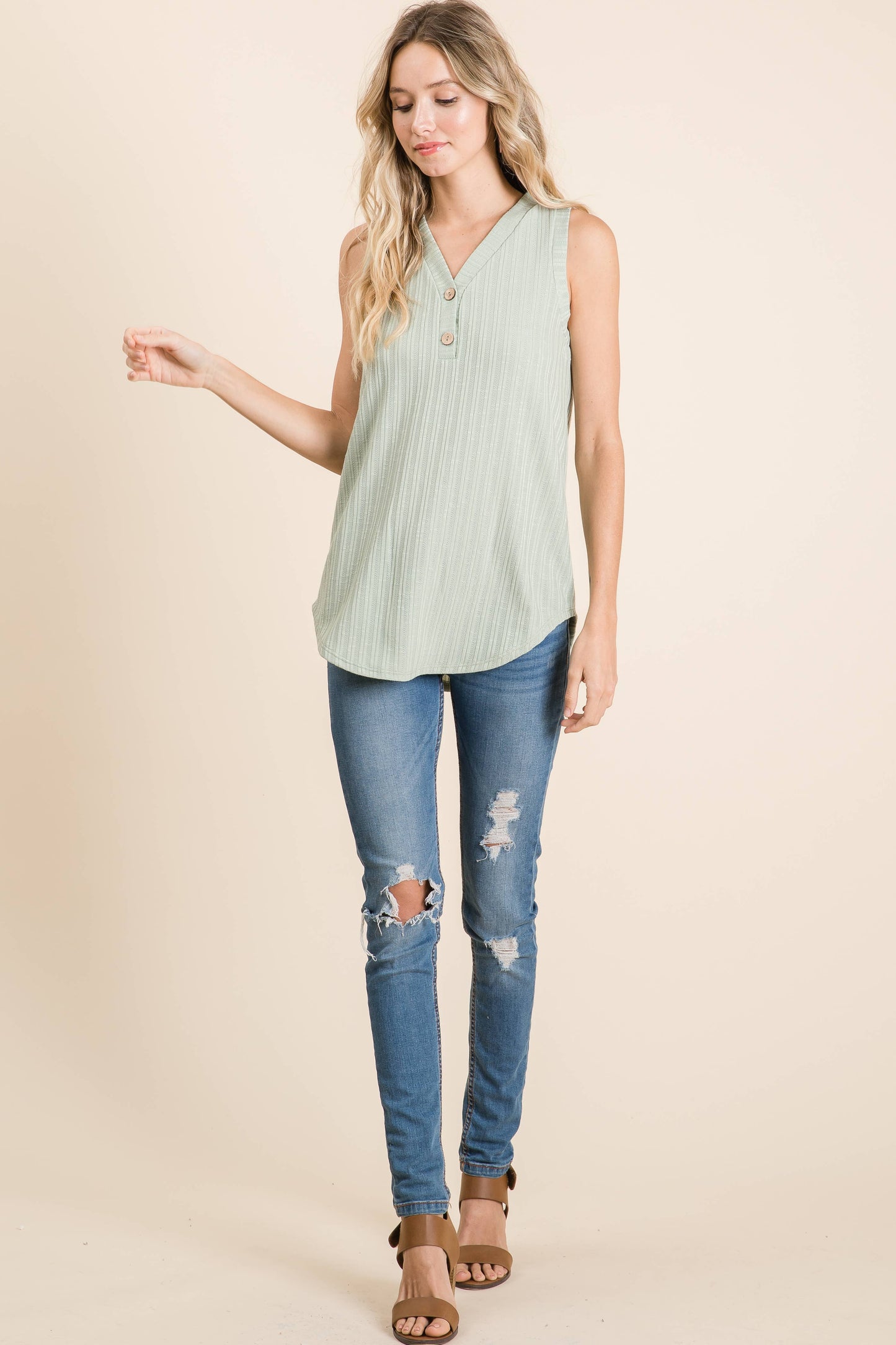Sage Faux Button Tank Top
