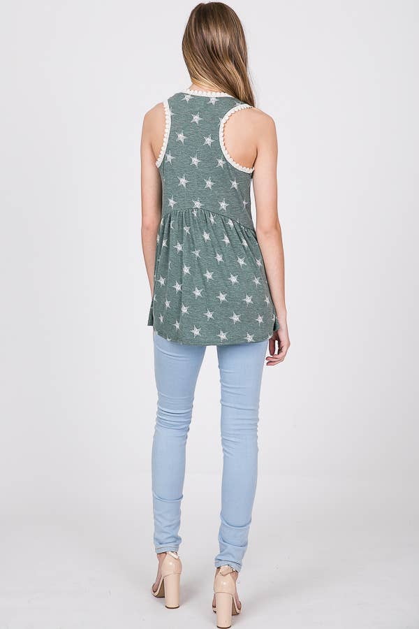 Star Print Lace Trim Babydoll Tank