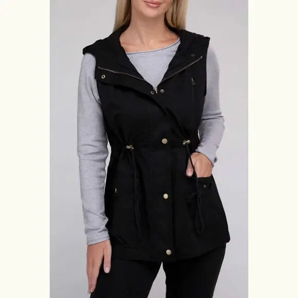 Drawstring Waist Military Hoodie Vest