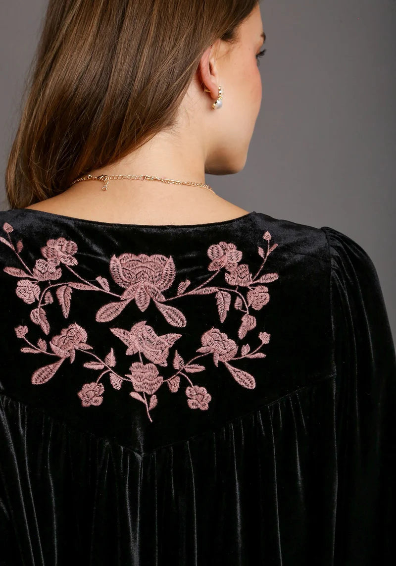 Black & Dusty Rose Velvet Embroidered Top