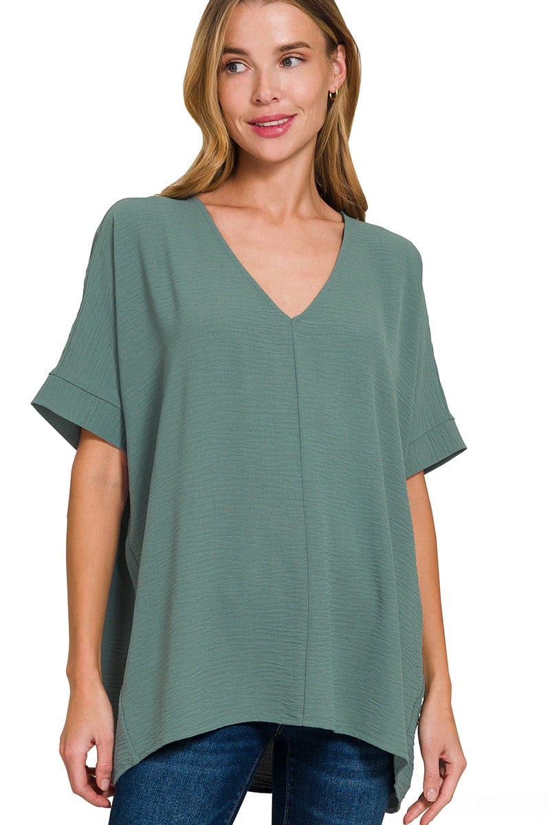 Ash Jade Woven Airflow Split Neck Short Sleeve Top (PLUS)