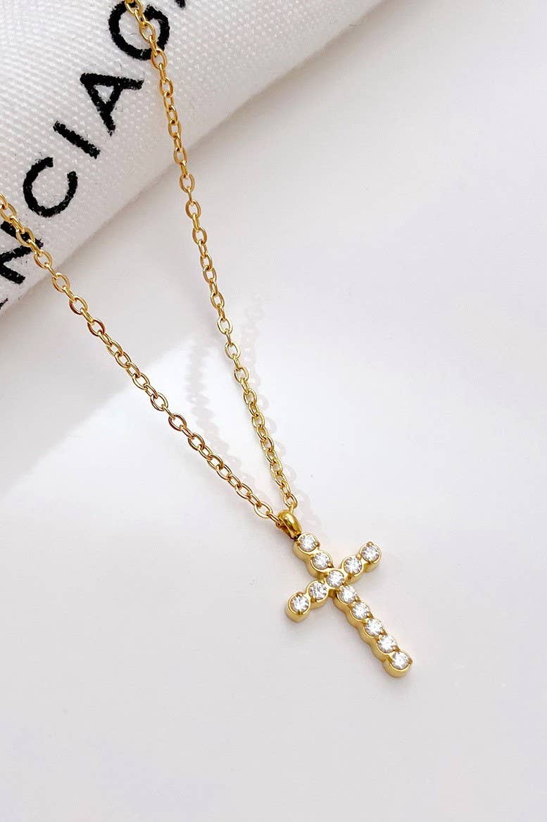 Catherine Rhinestone Cross Necklace (Silver or Gold)