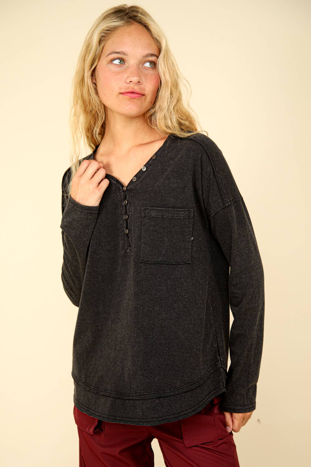 Mineral Washed Cotton Comfy Knit Top, Mauve