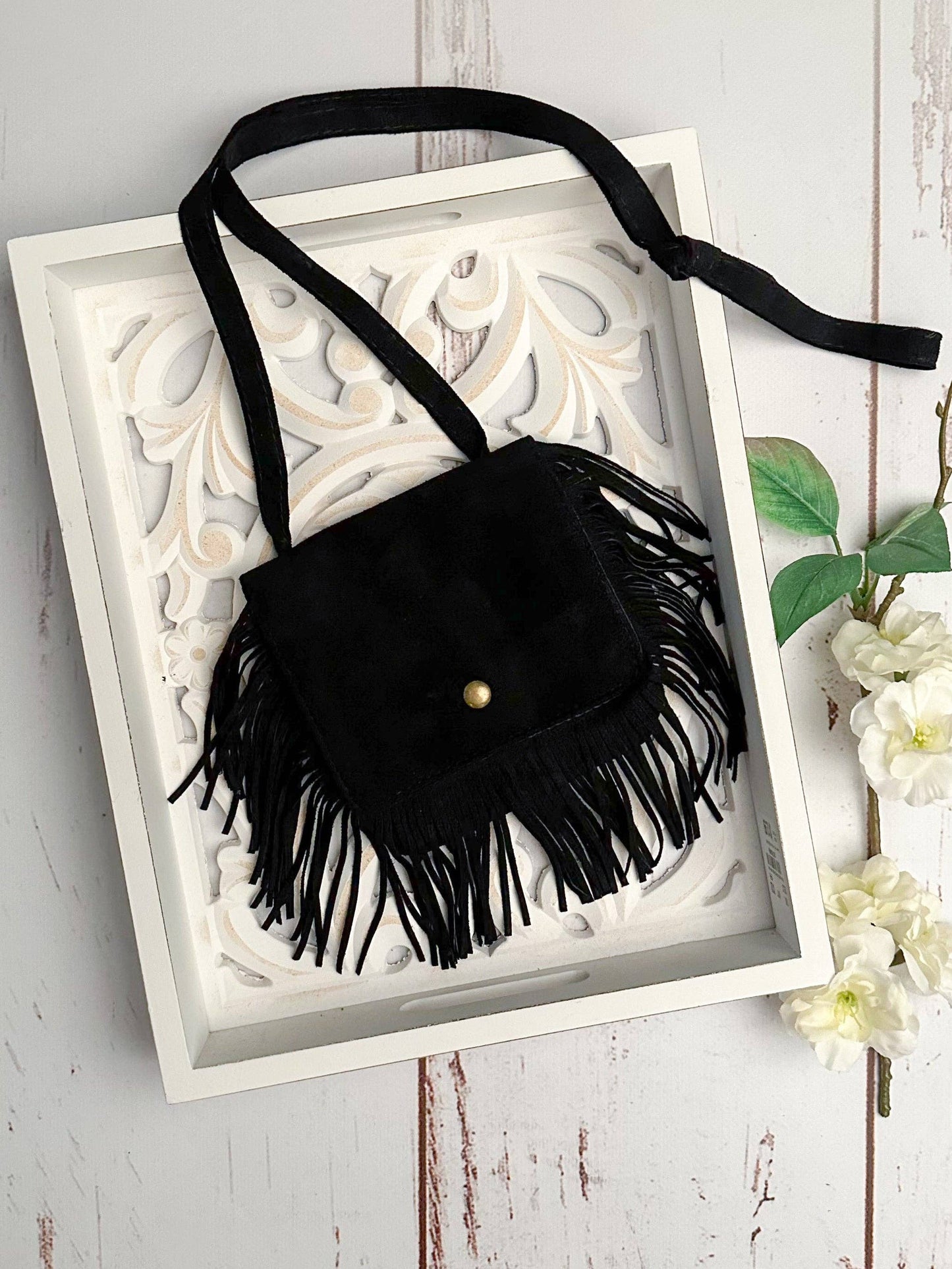 Black Boho Fringe Crossbody Flap Purse for Girls