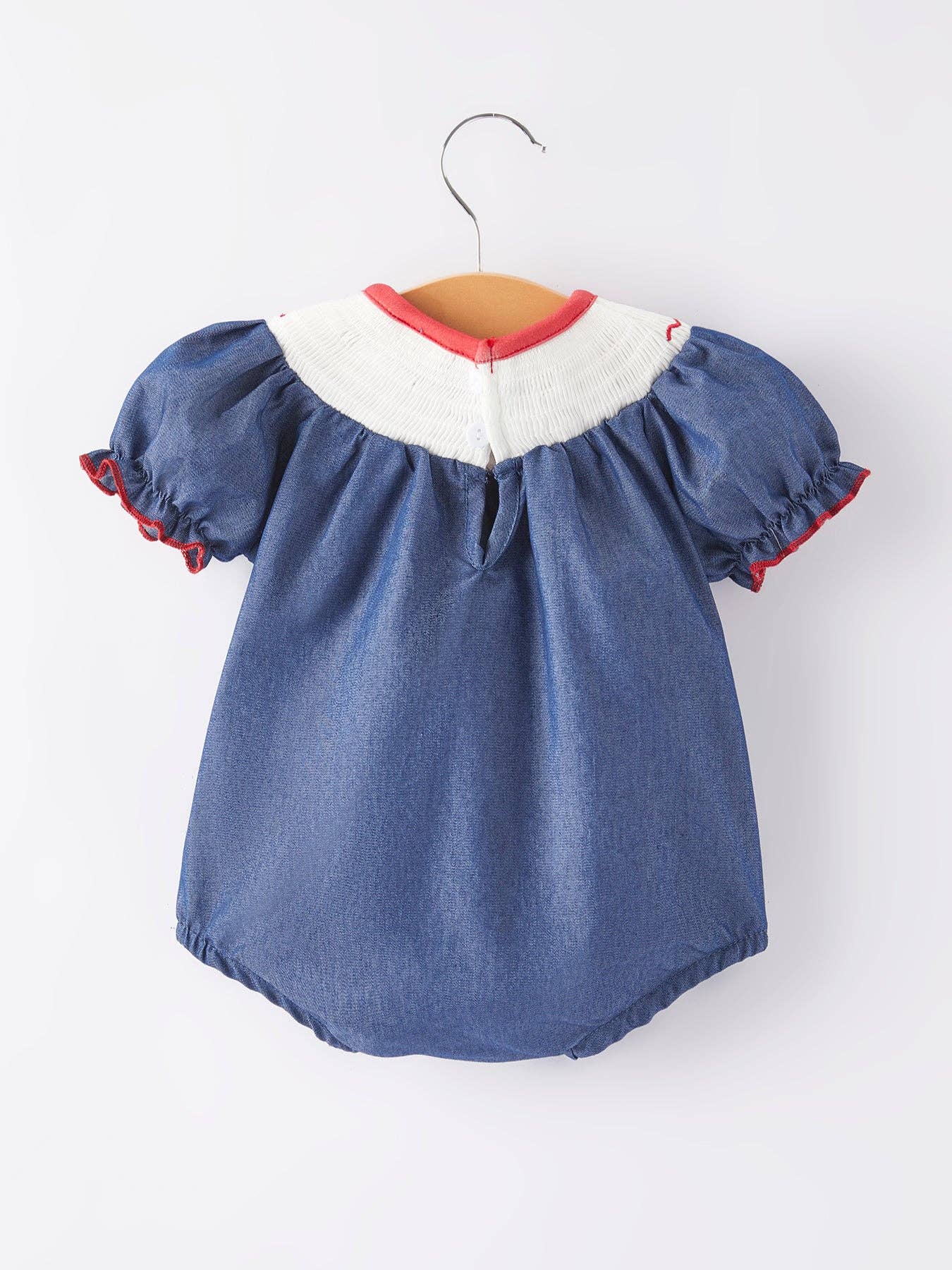 Girls Farm Smocking Embroidered Blue Romper