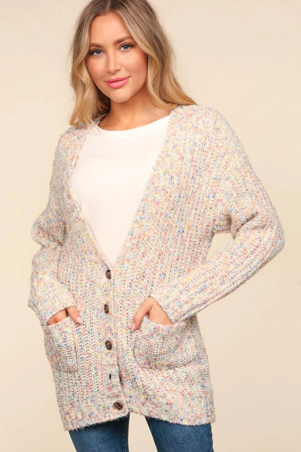 Multi Color Button Down Cardigan with Pockets (PLUS only)