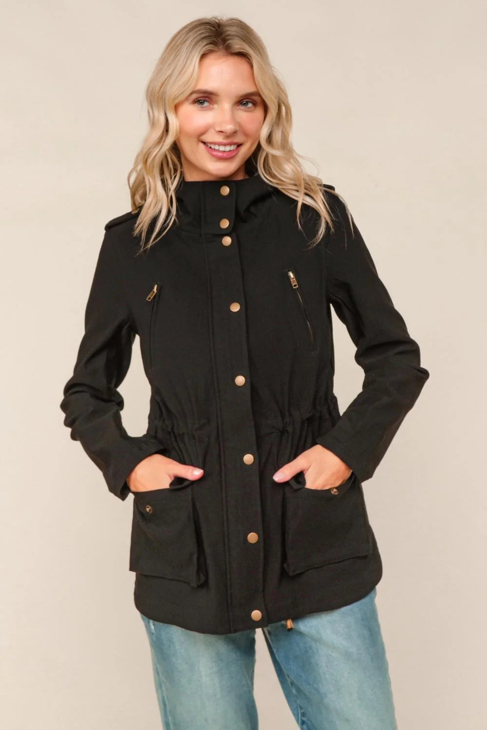 Hooded Zipper Up Jacket With Waist Adjustment