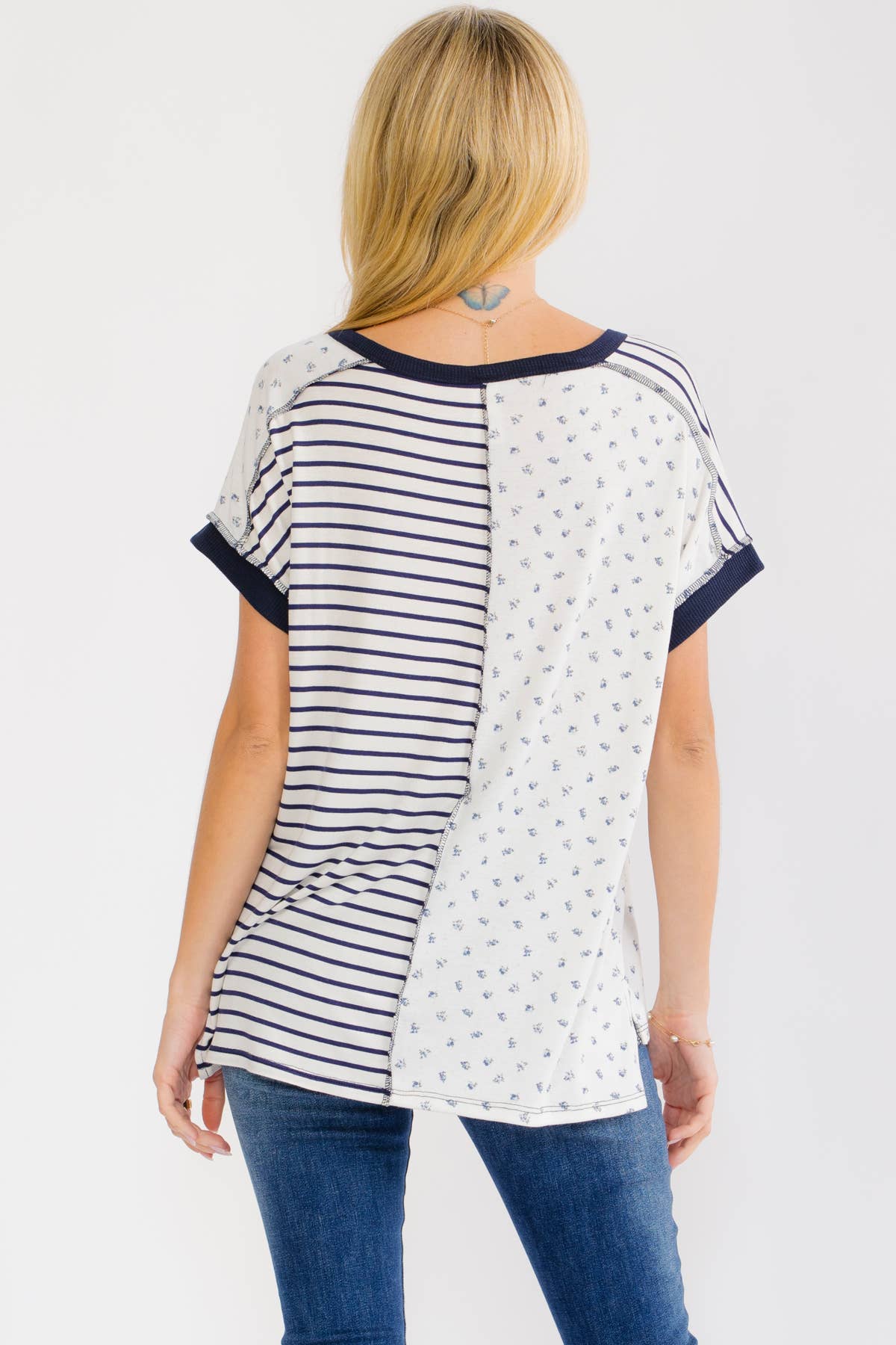 Mixed Print Contrast Henley Top