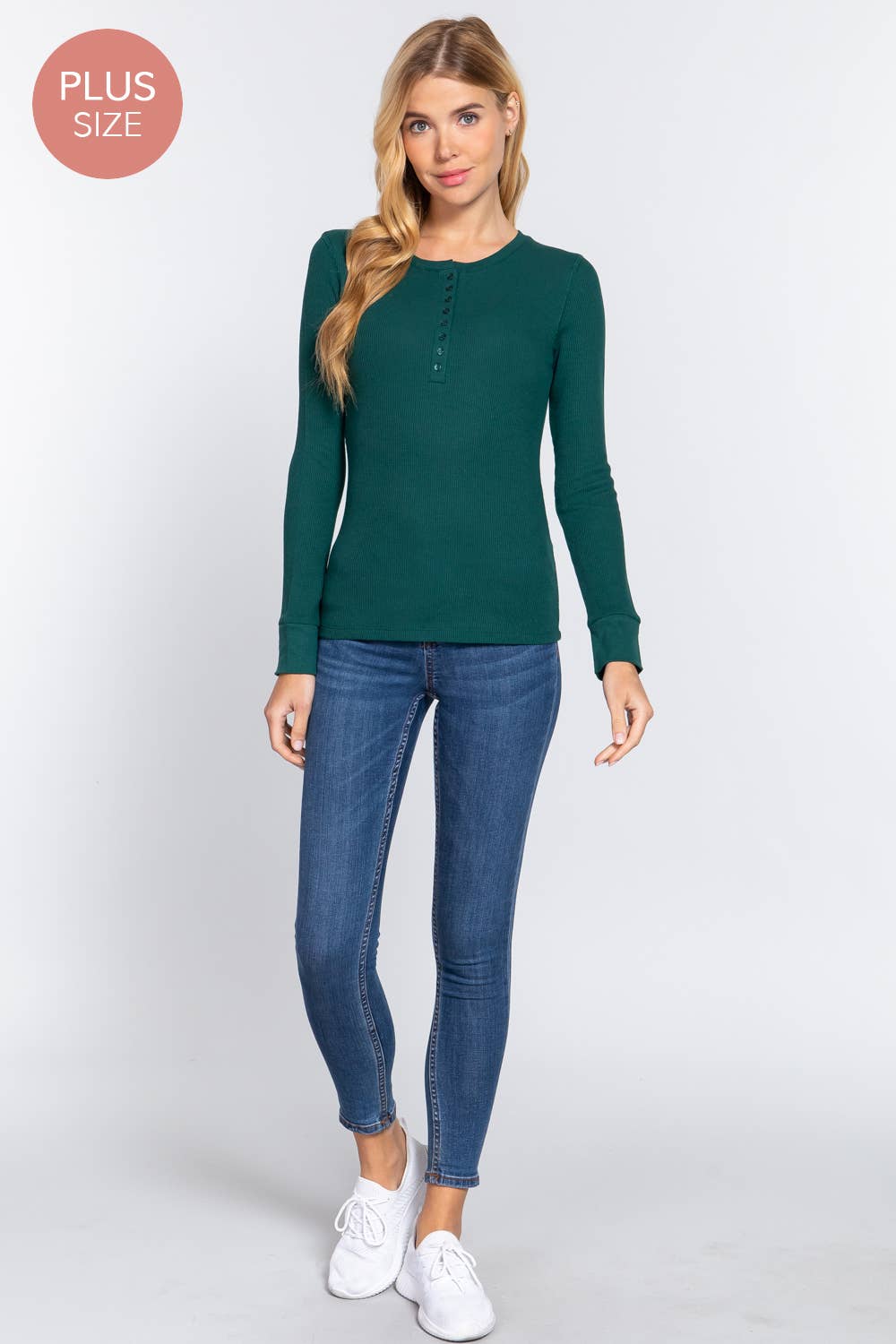 [PLUS SIZE] Long Sleeve Henley Thermal Knit Top
