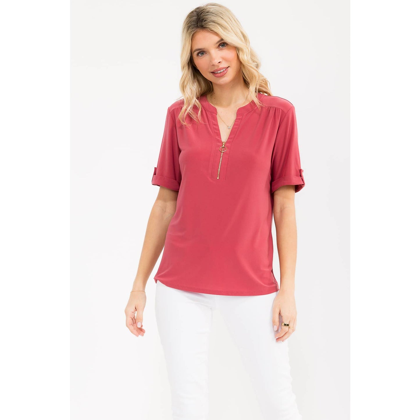 Berry Half Zip Roll Tab Shirt