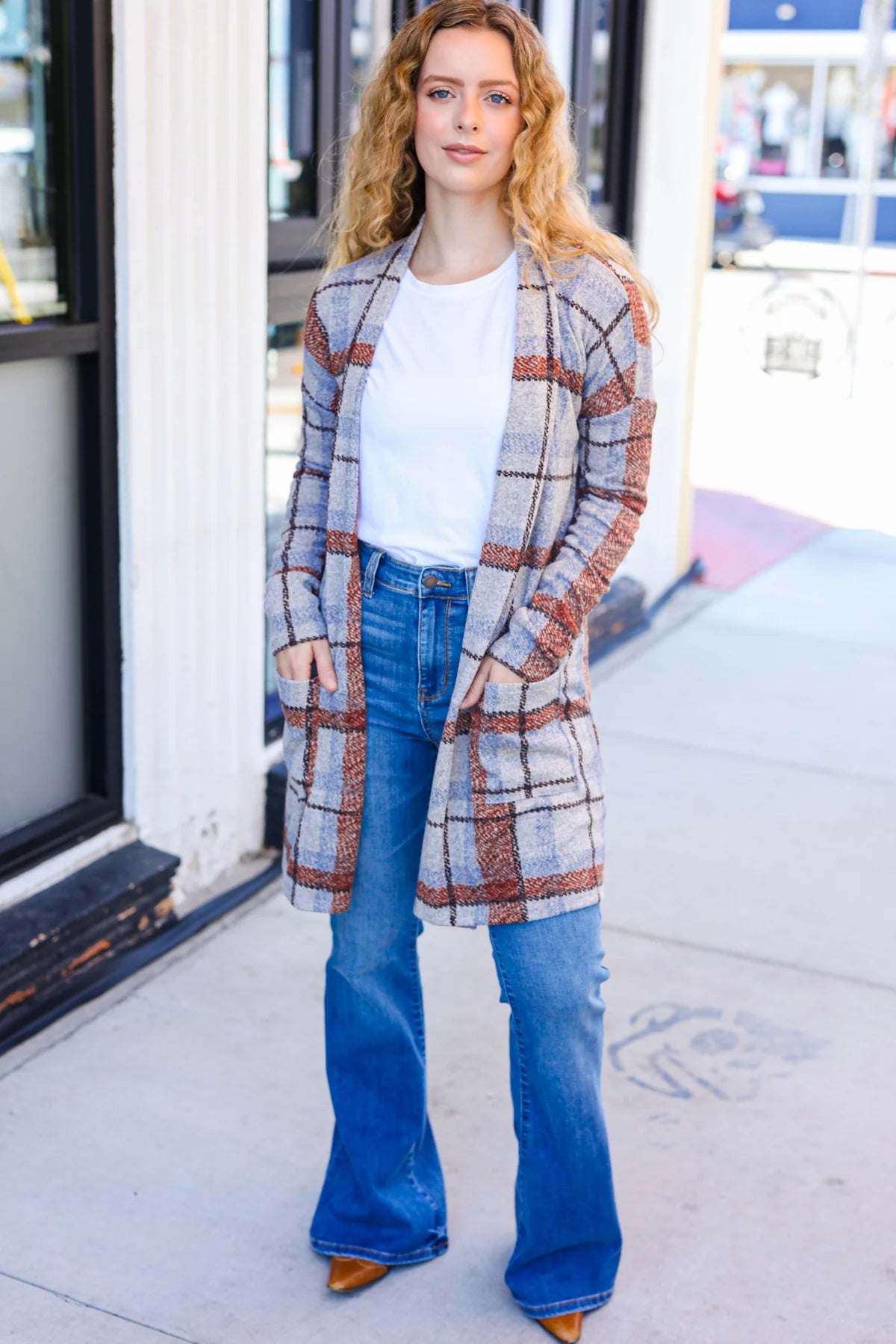 Gray and Rust Plaid Pocket Cardigan