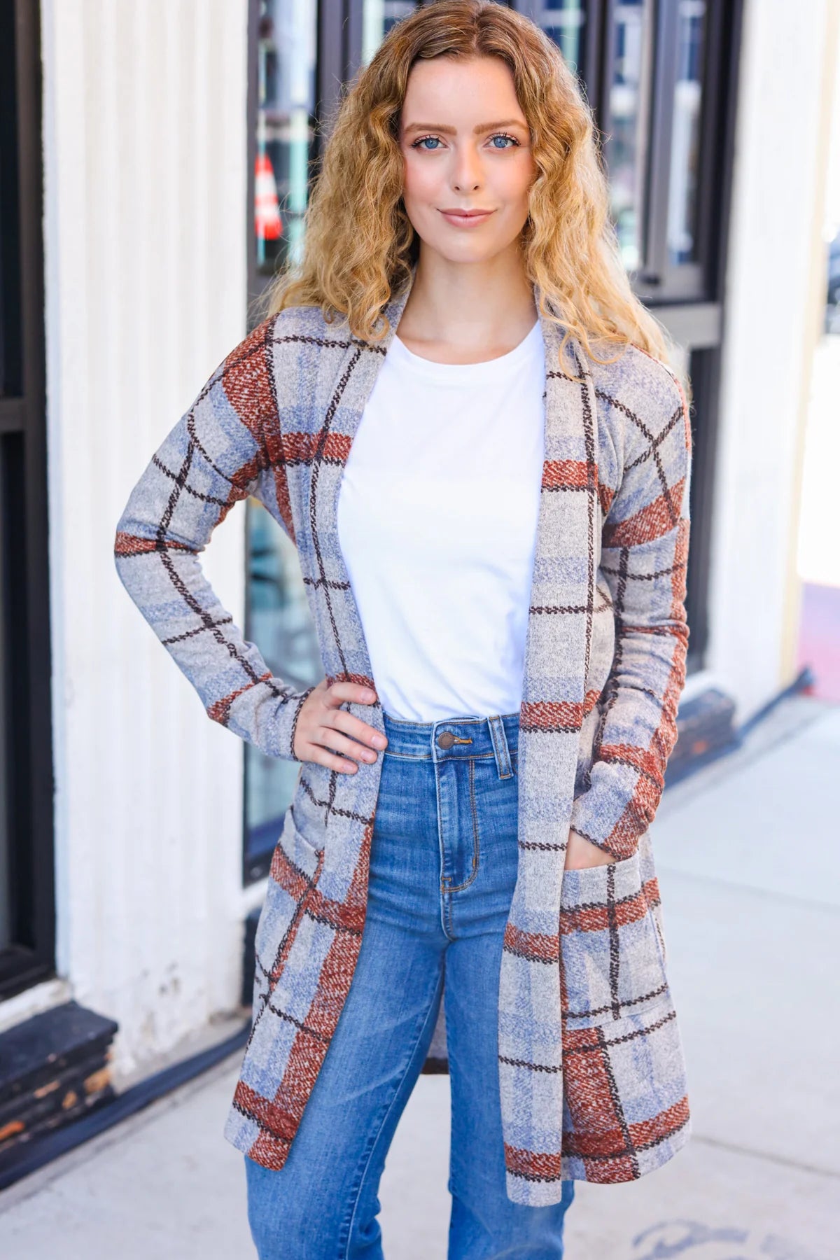 Gray and Rust Plaid Pocket Cardigan