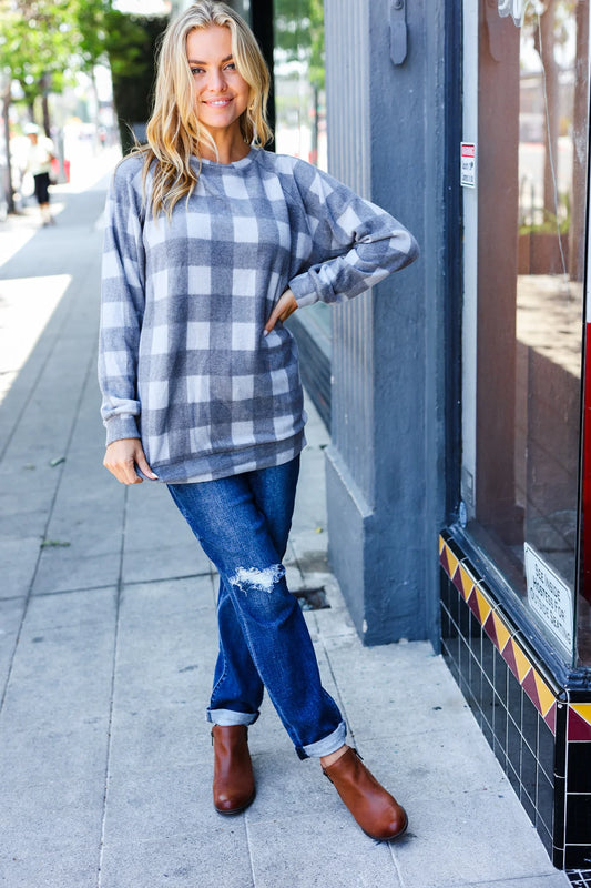 Brushed Hacci Gray and White Plaid Top