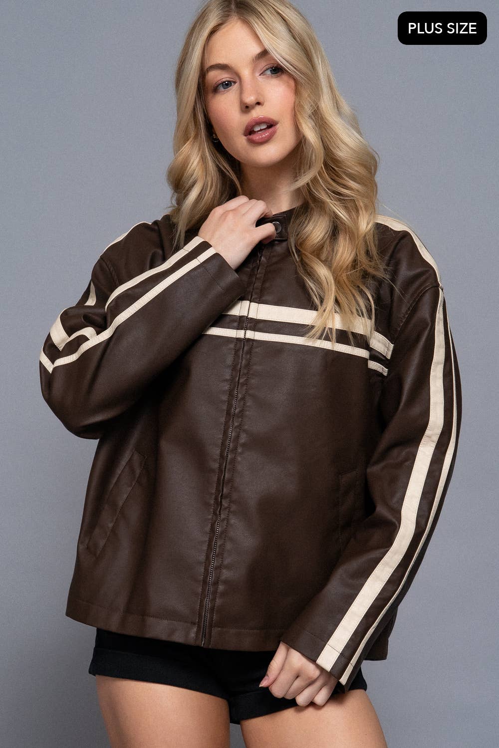 Line Detail Washed Effect Faux Leather Jacket (PLUS)