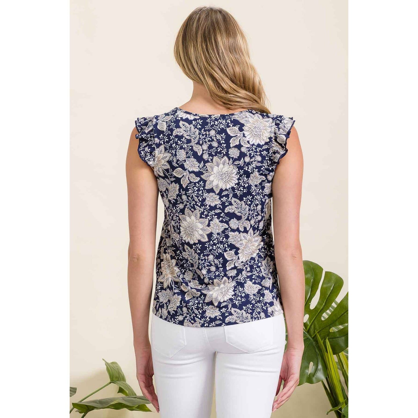 FLORAL ITY TIE KEYHOLE RUFFLE TANK