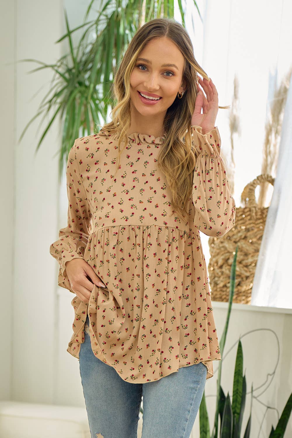 Rust Floral Mock Neck Blouse