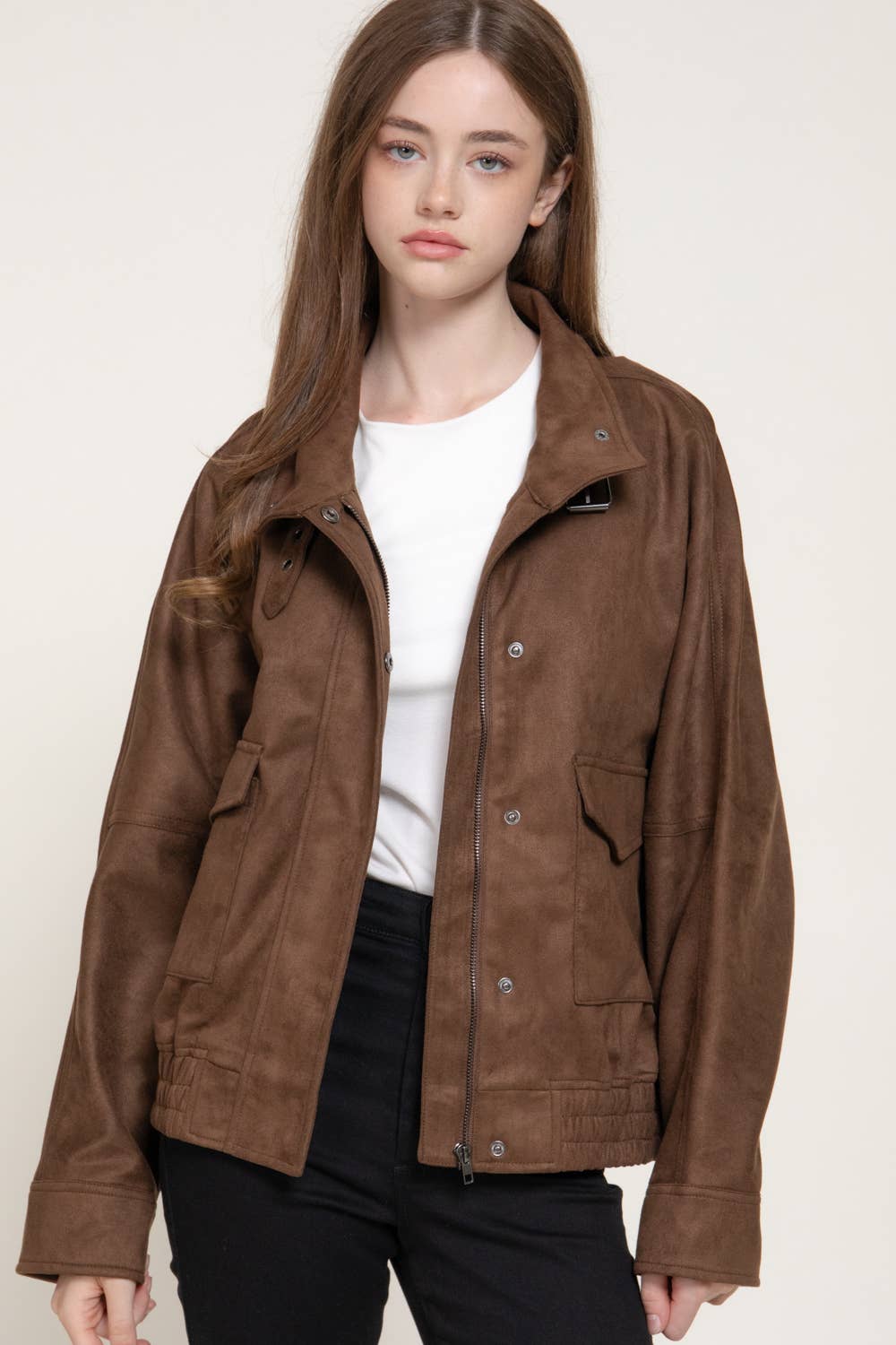 High Neck with Tab Front Patch Pocket Faux Suede Jacket