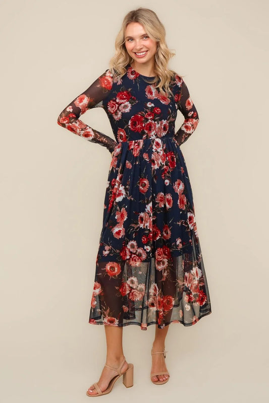 Navy Floral Midi Dress with Back Neck Button