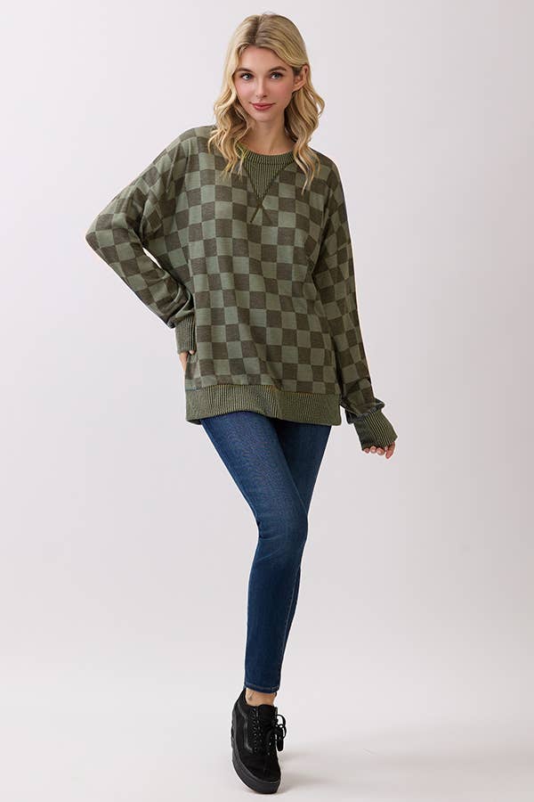 Olive Checkered Print Pullover Top