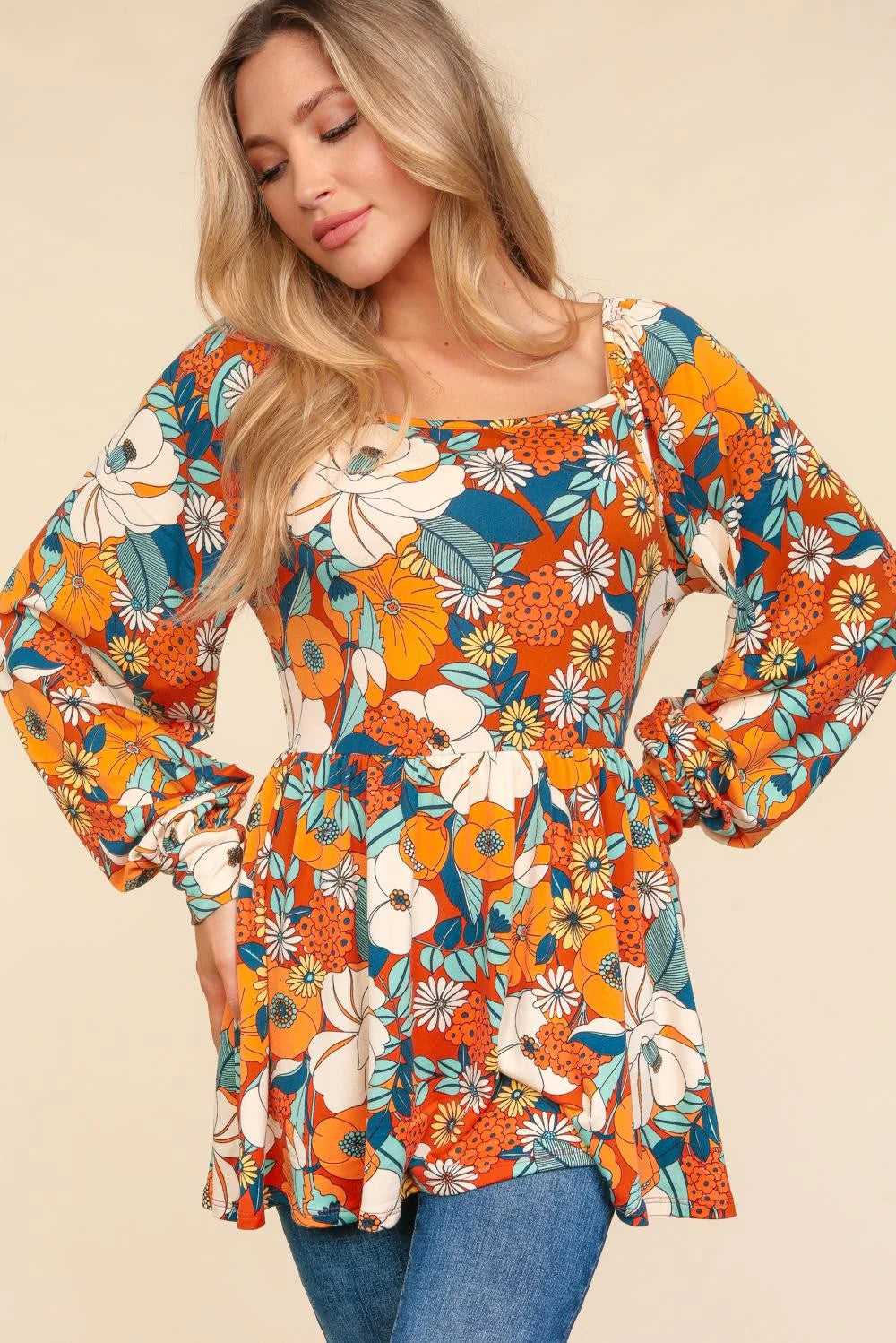 Rust Babydoll Peplum Vintage Floral Top