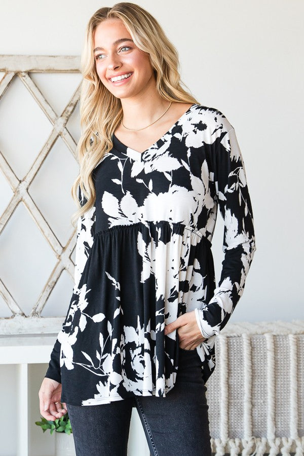 Black and Ivory Floral Babydoll Top