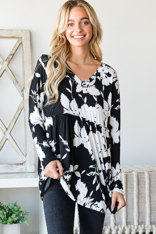 Black and Ivory Floral Babydoll Top