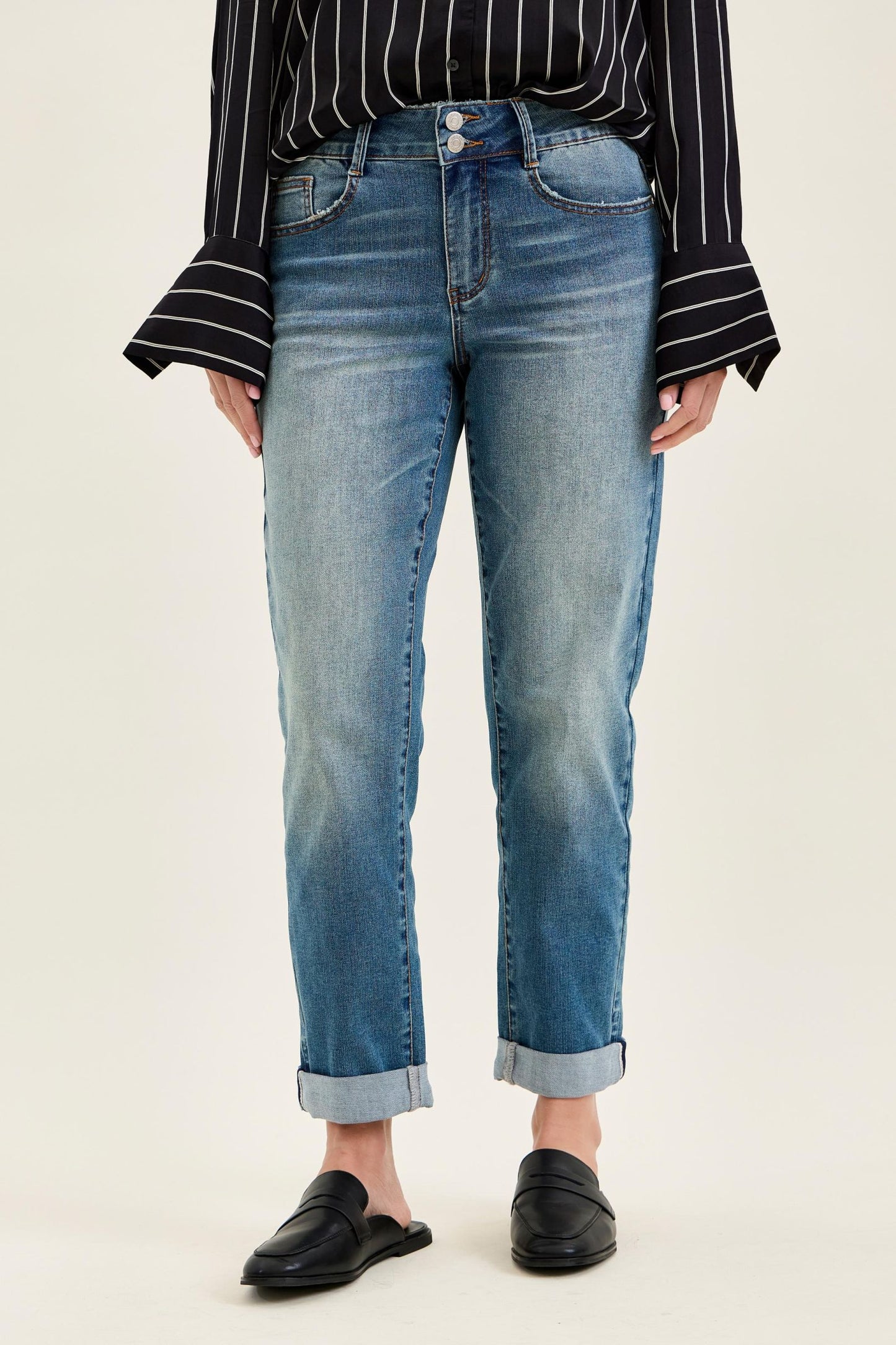 Judy Blue Cool Denim Mid-Rise Boyfriend w/ Cross Back Belt Loops