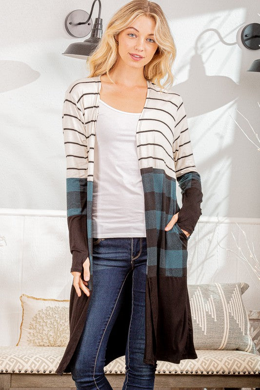 Stripe And Plaid Open Cardigan