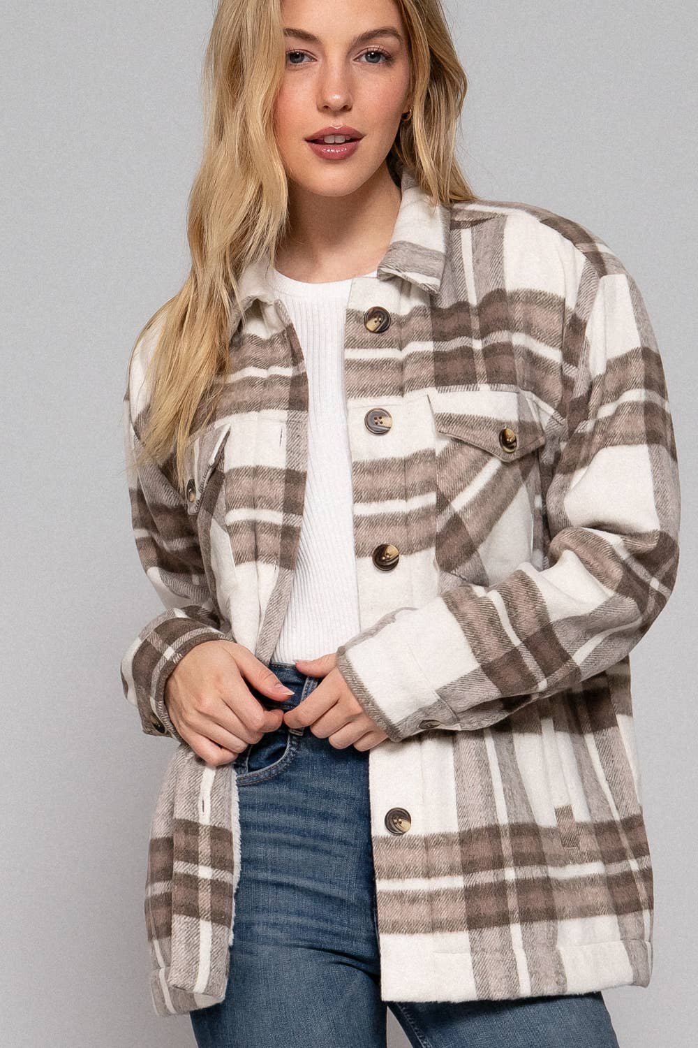 Taupe Inside Faux Fur Brushed Plaid Jacket