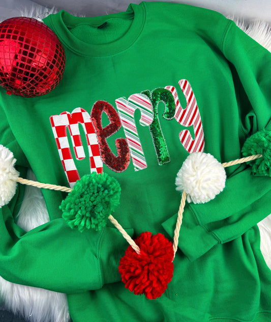 Green Merry Christmas Applique Sweatshirt
