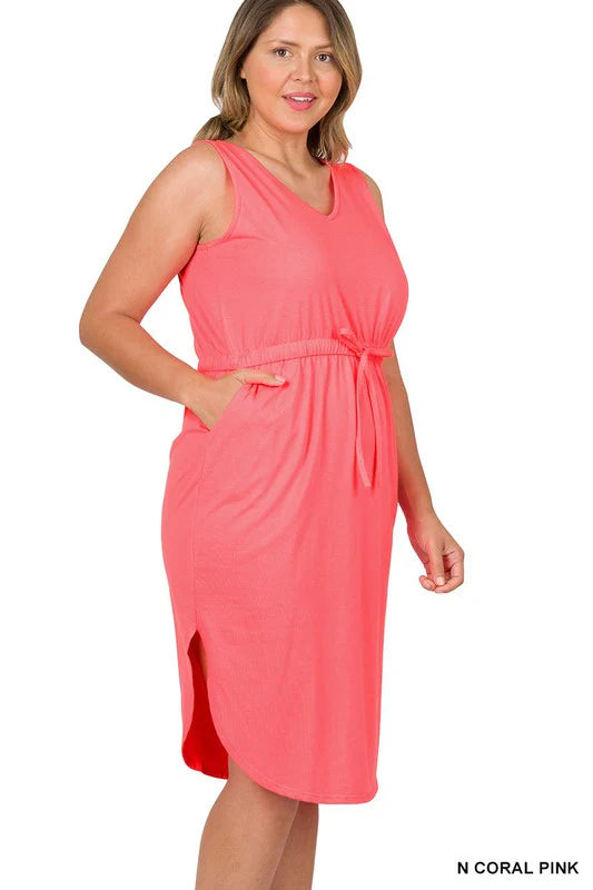 Dolly Drawstring Waist Curved Hem Dress--Coral Pink, PLUS