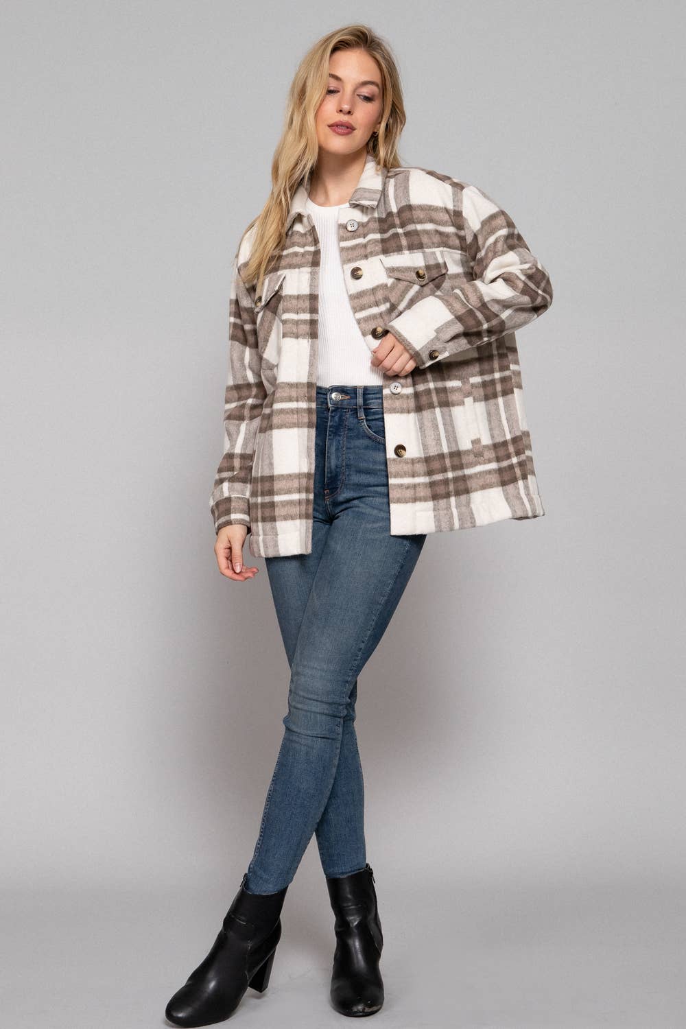 Taupe Inside Faux Fur Brushed Plaid Jacket