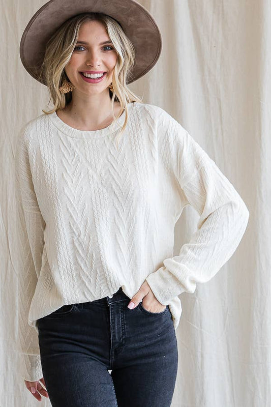 Cream Casual Drop Shoulder Cable Knit Top