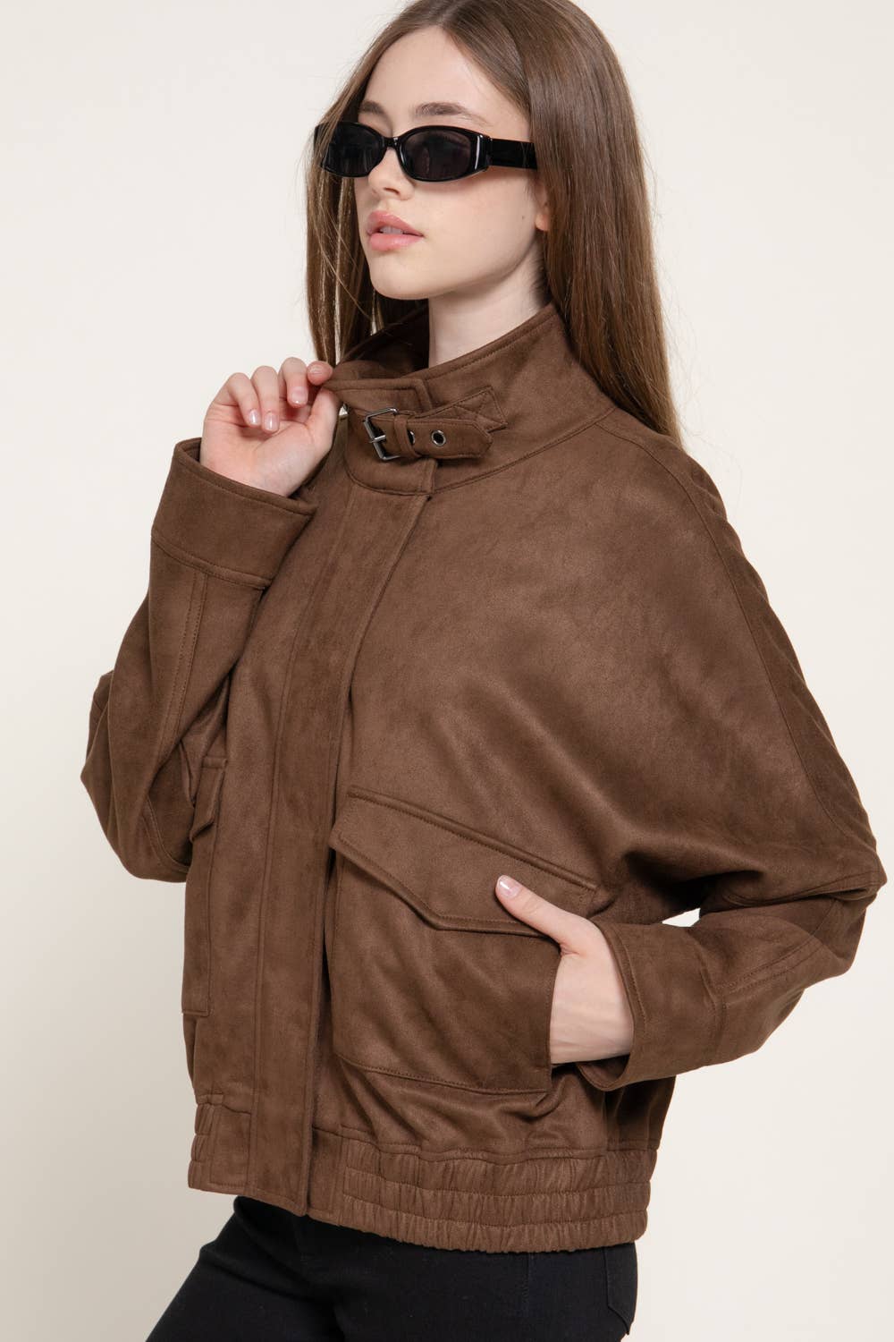 High Neck with Tab Front Patch Pocket Faux Suede Jacket