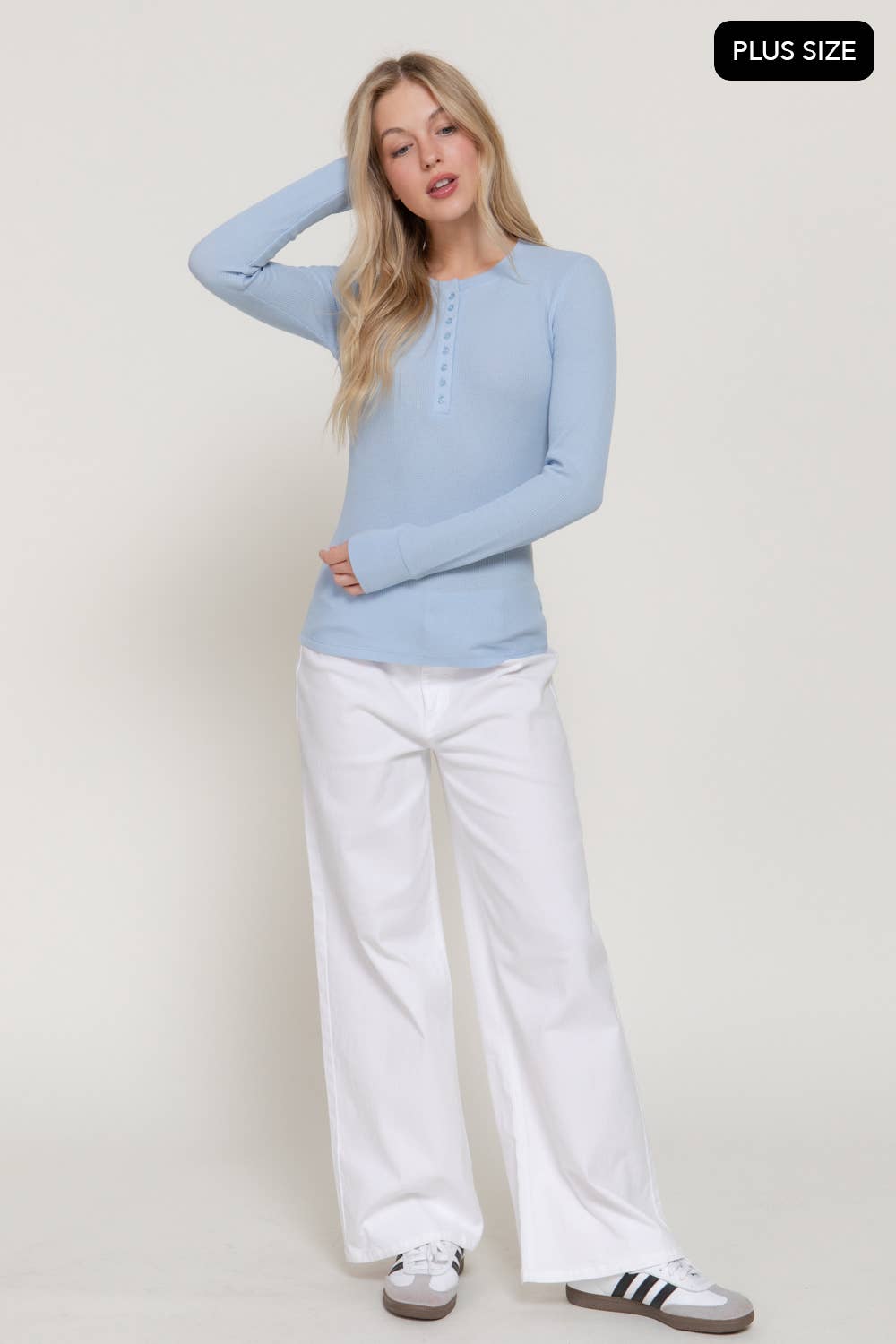 [PLUS SIZE] Long Sleeve Henley Thermal Knit Top