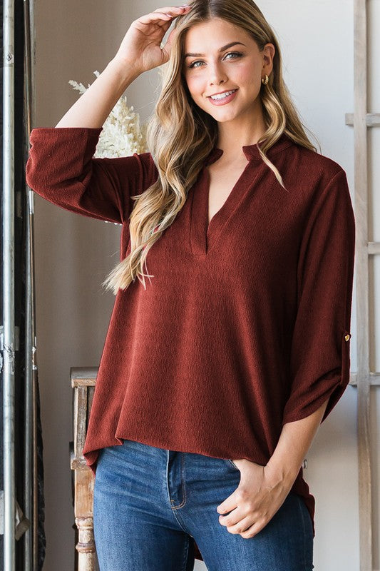 Roll Up Sleeve Mandarin Collar Solid Top--Cinnamon