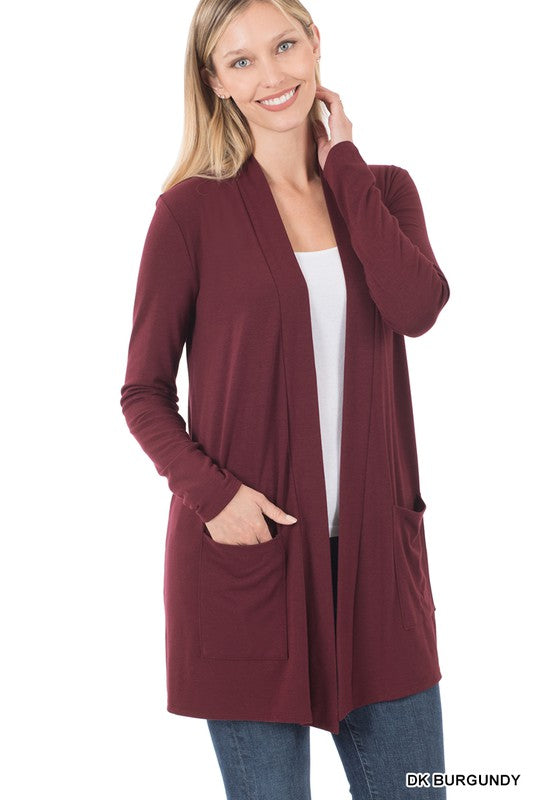 Slouchy Pocket Open Cardigan--Maroon RTS