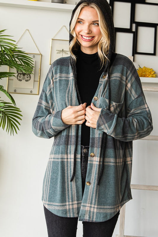 Plaid Button Down Hooded Shacket--Jade