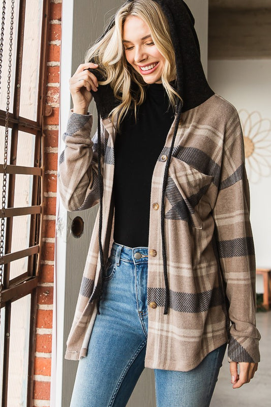 Plaid Button Down Hooded Shacket--Mocha
