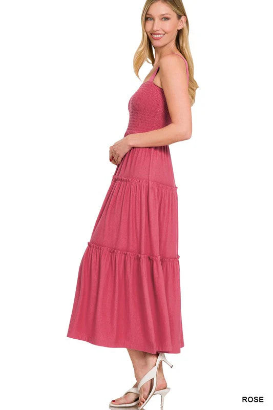 Smocked Tiered Midi Dress, Rose