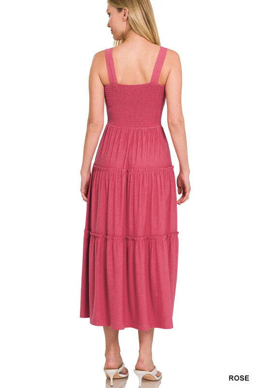 Smocked Tiered Midi Dress, Rose